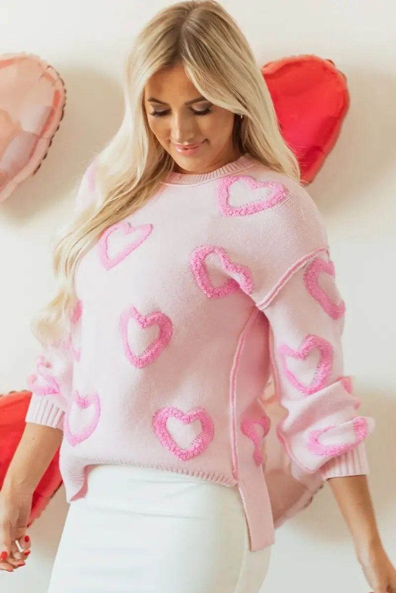 Charming Pink Heart Bubble Sleeve Oversized Sweater - Love Salve 
