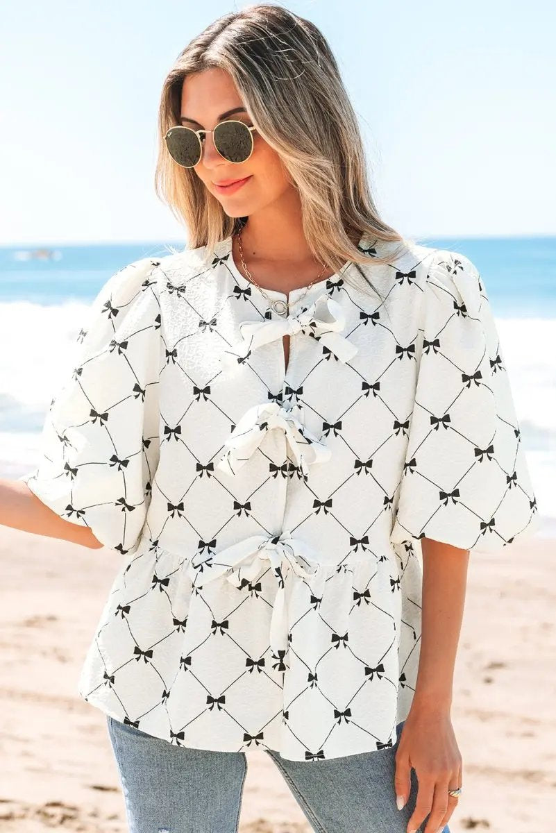 Charming White Bowknot Print Bubble Sleeve Blouse with Front Knots - Love Salve 