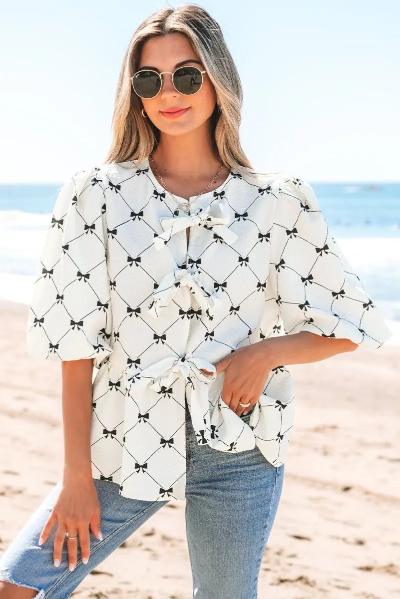 Charming White Bowknot Print Bubble Sleeve Blouse with Front Knots - Love Salve 