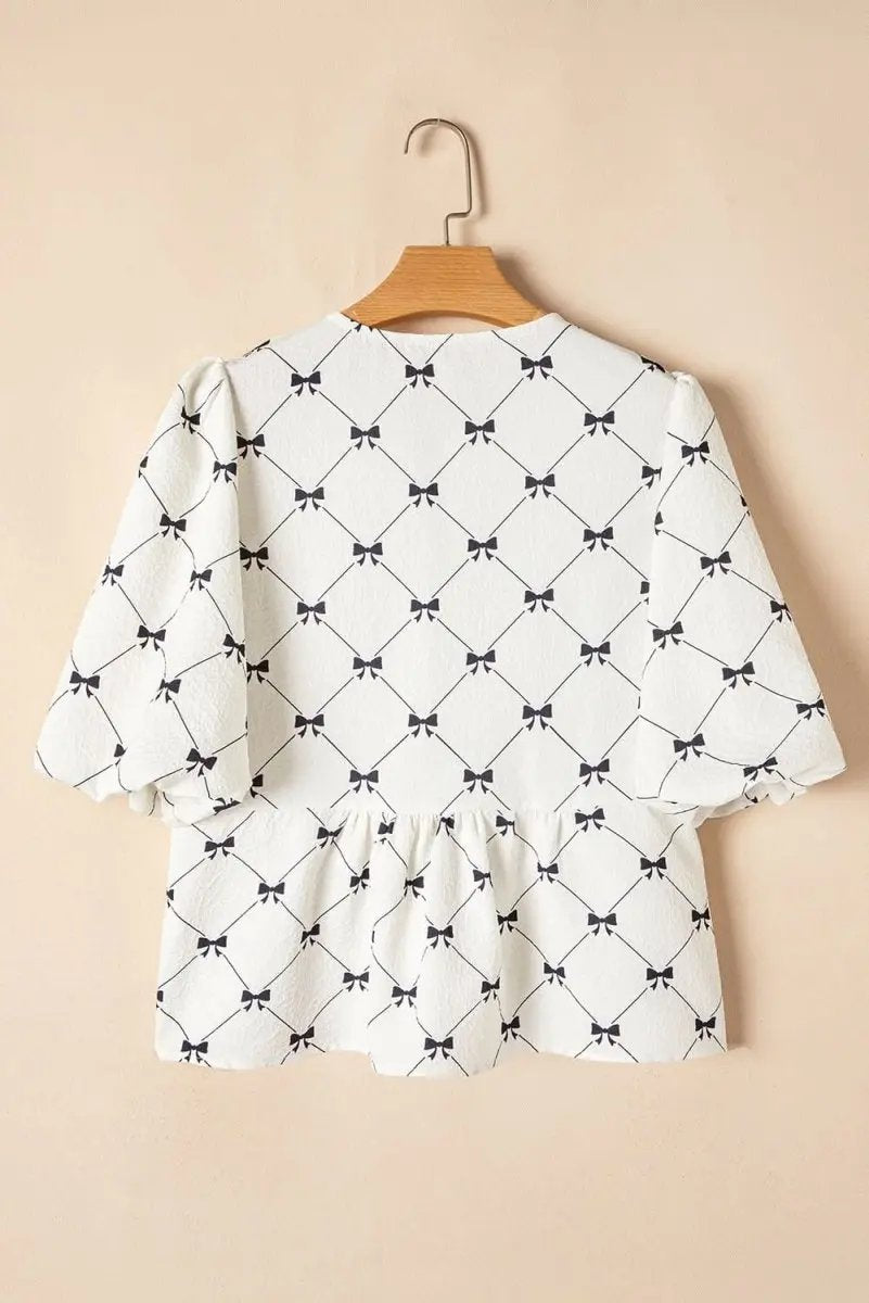 Charming White Bowknot Print Bubble Sleeve Blouse with Front Knots - Love Salve 