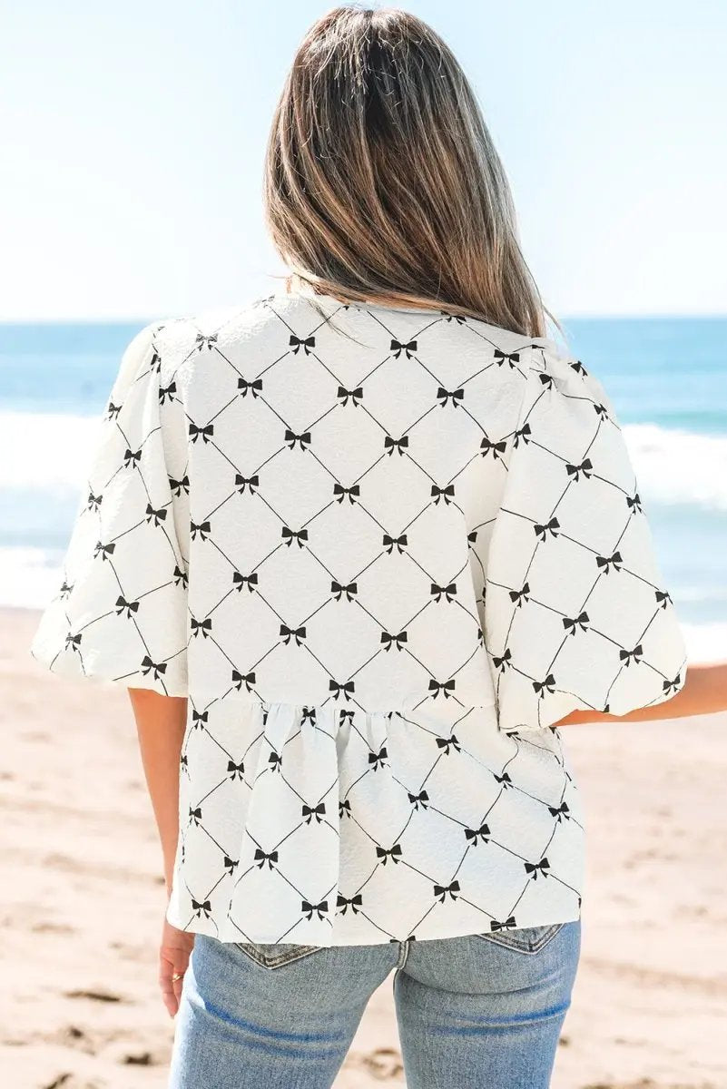 Charming White Bowknot Print Bubble Sleeve Blouse with Front Knots - Love Salve 