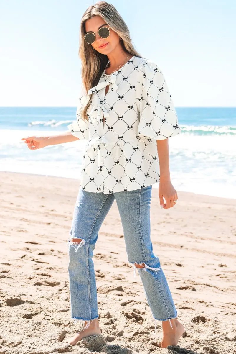 Charming White Bowknot Print Bubble Sleeve Blouse with Front Knots - Love Salve 