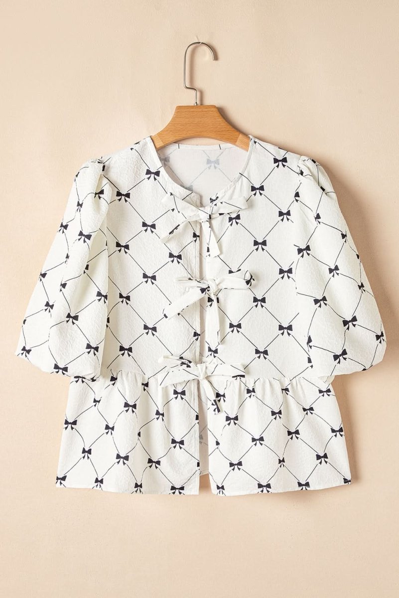 Charming White Bowknot Print Bubble Sleeve Blouse with Front Knots - Love Salve 