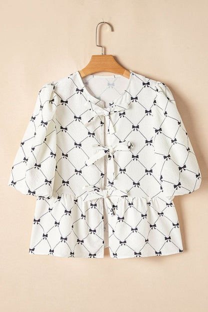 Charming White Bowknot Print Bubble Sleeve Blouse with Front Knots - Love Salve 