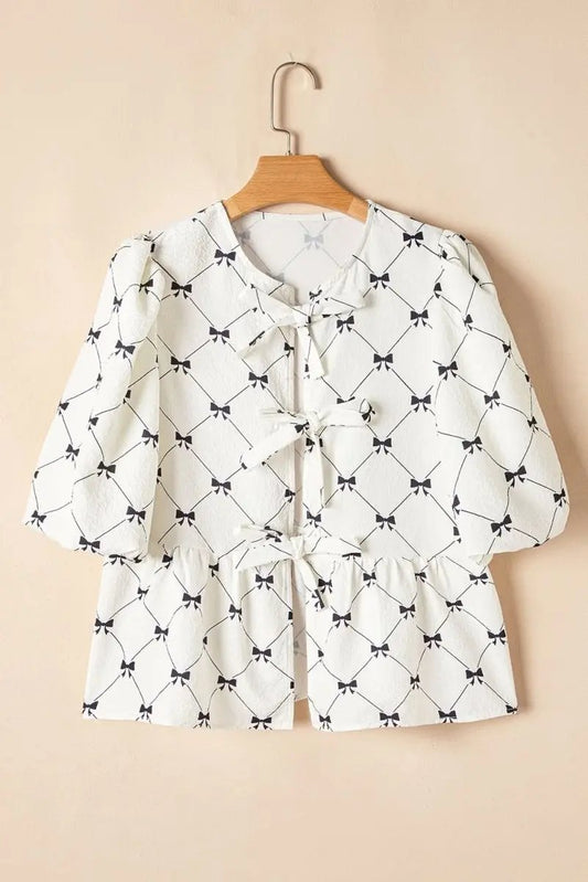Charming White Bowknot Print Bubble Sleeve Blouse with Front Knots - Love Salve 
