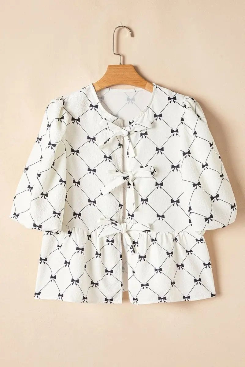 Charming White Bowknot Print Bubble Sleeve Blouse with Front Knots - Love Salve 