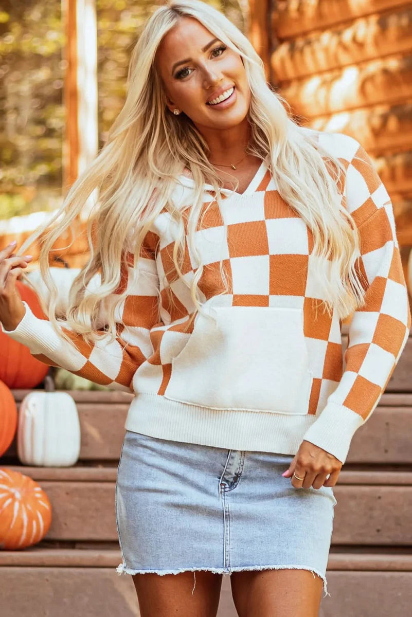 Checkered Long Sleeve Hooded Sweater - Love Salve 