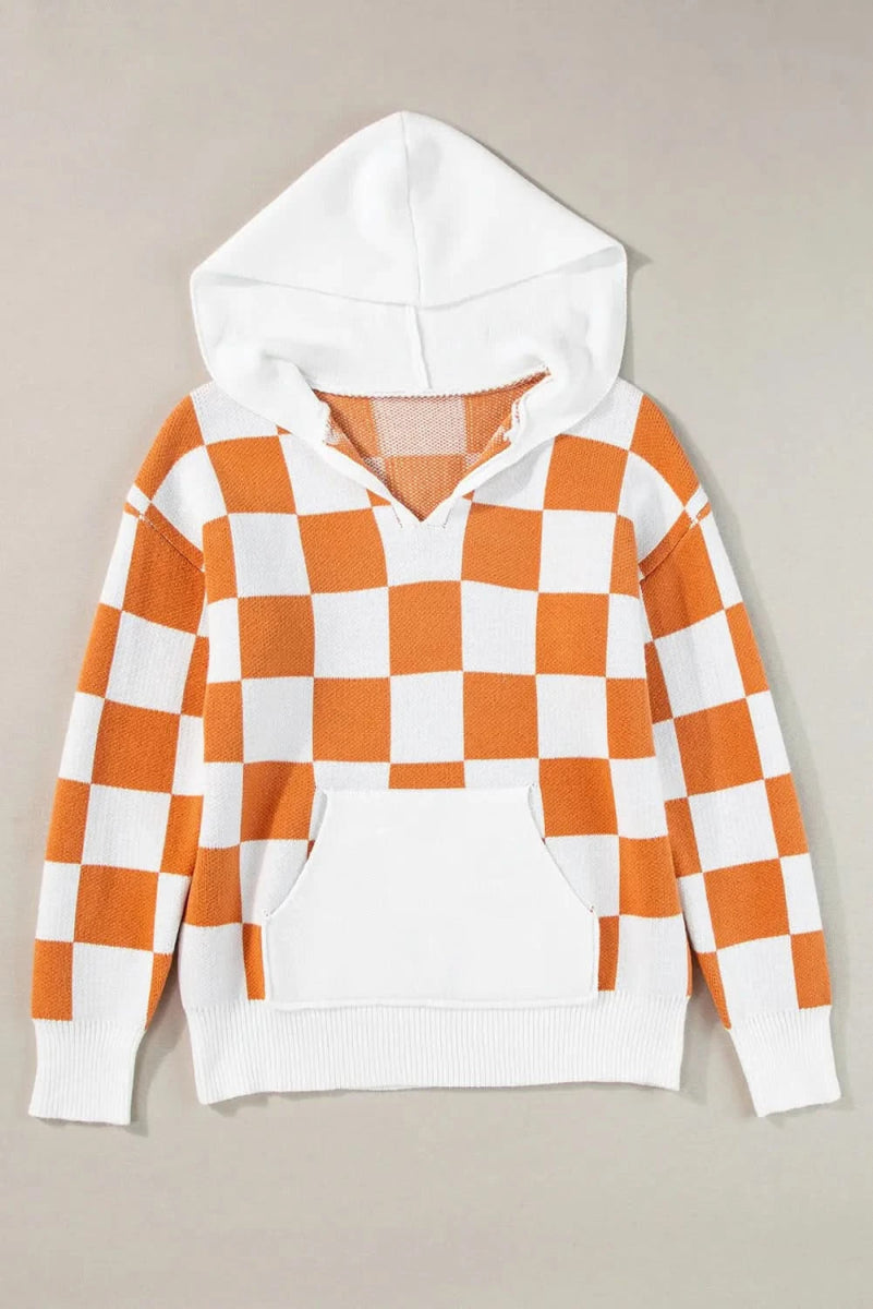 Checkered Long Sleeve Hooded Sweater - Love Salve 