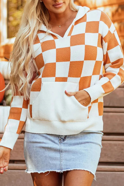 Checkered Long Sleeve Hooded Sweater - Love Salve 