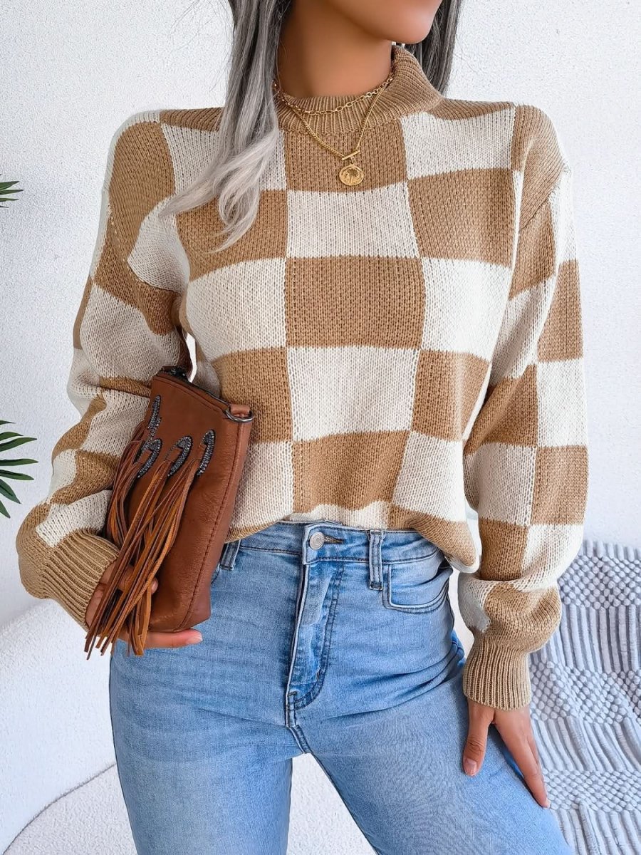 Checkered Mock Neck Long Sleeve Sweater - Love Salve 