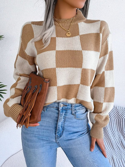 Checkered Mock Neck Long Sleeve Sweater - Love Salve 