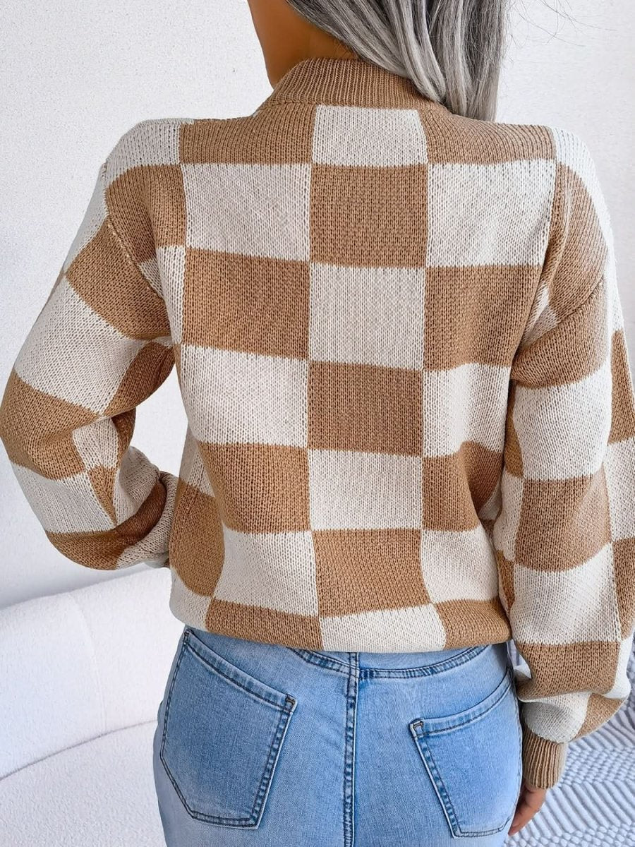 Checkered Mock Neck Long Sleeve Sweater - Love Salve 