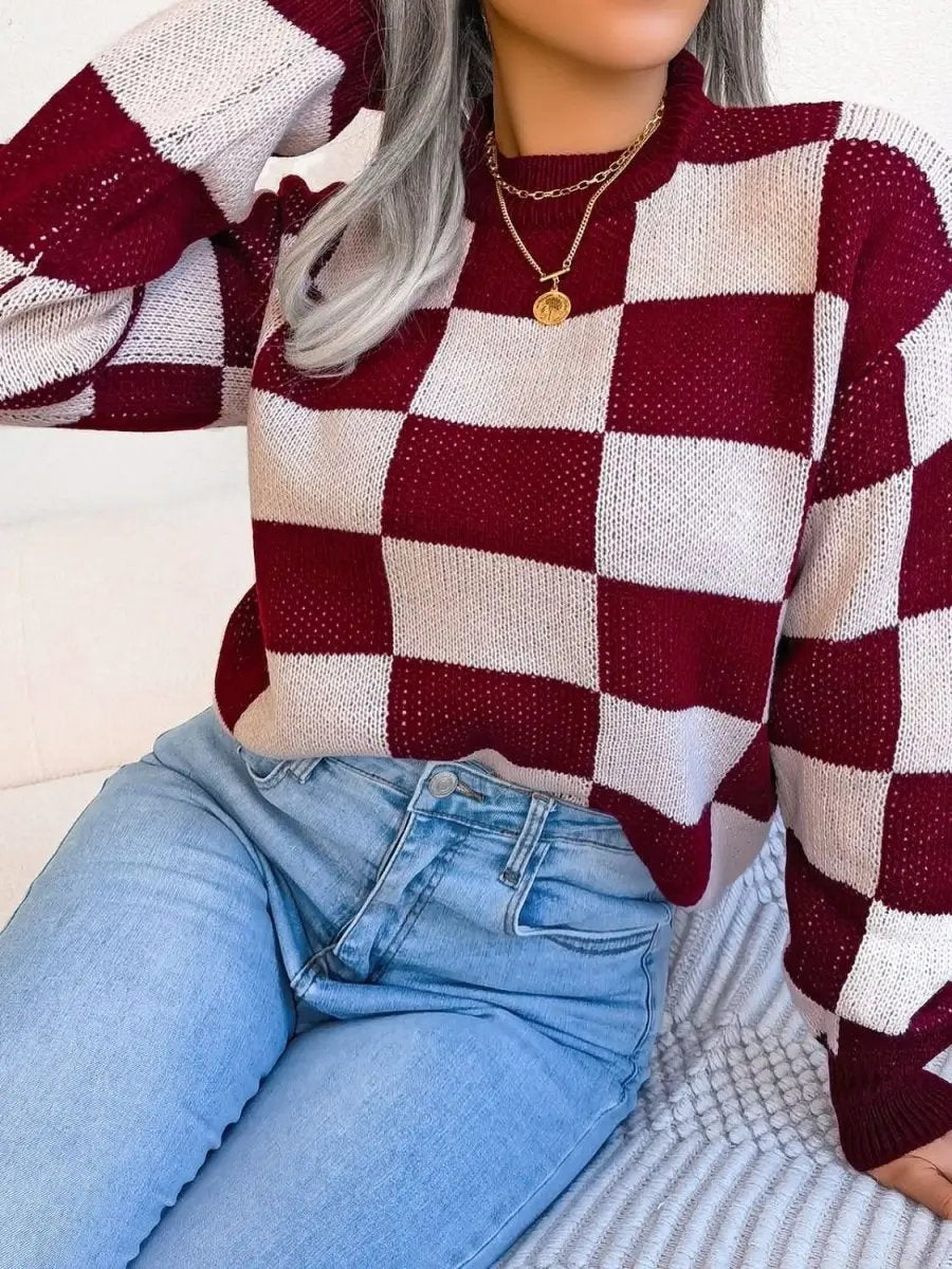 Checkered Mock Neck Long Sleeve Sweater - Love Salve 