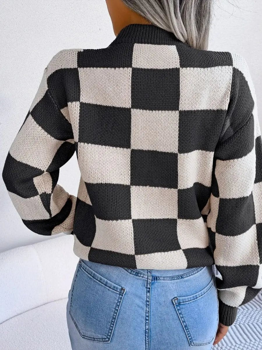 Checkered Mock Neck Long Sleeve Sweater - Love Salve 