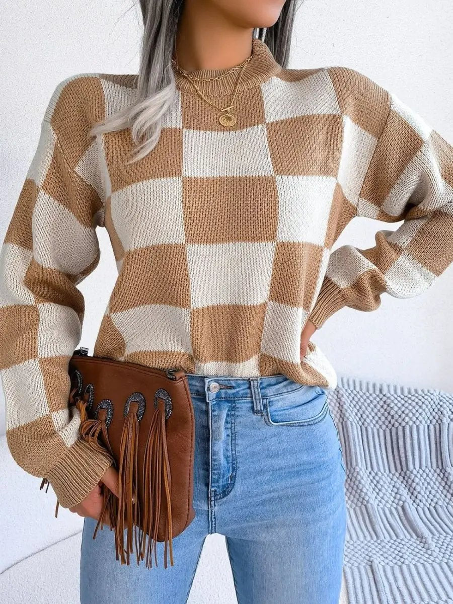 Checkered Mock Neck Long Sleeve Sweater - Love Salve 