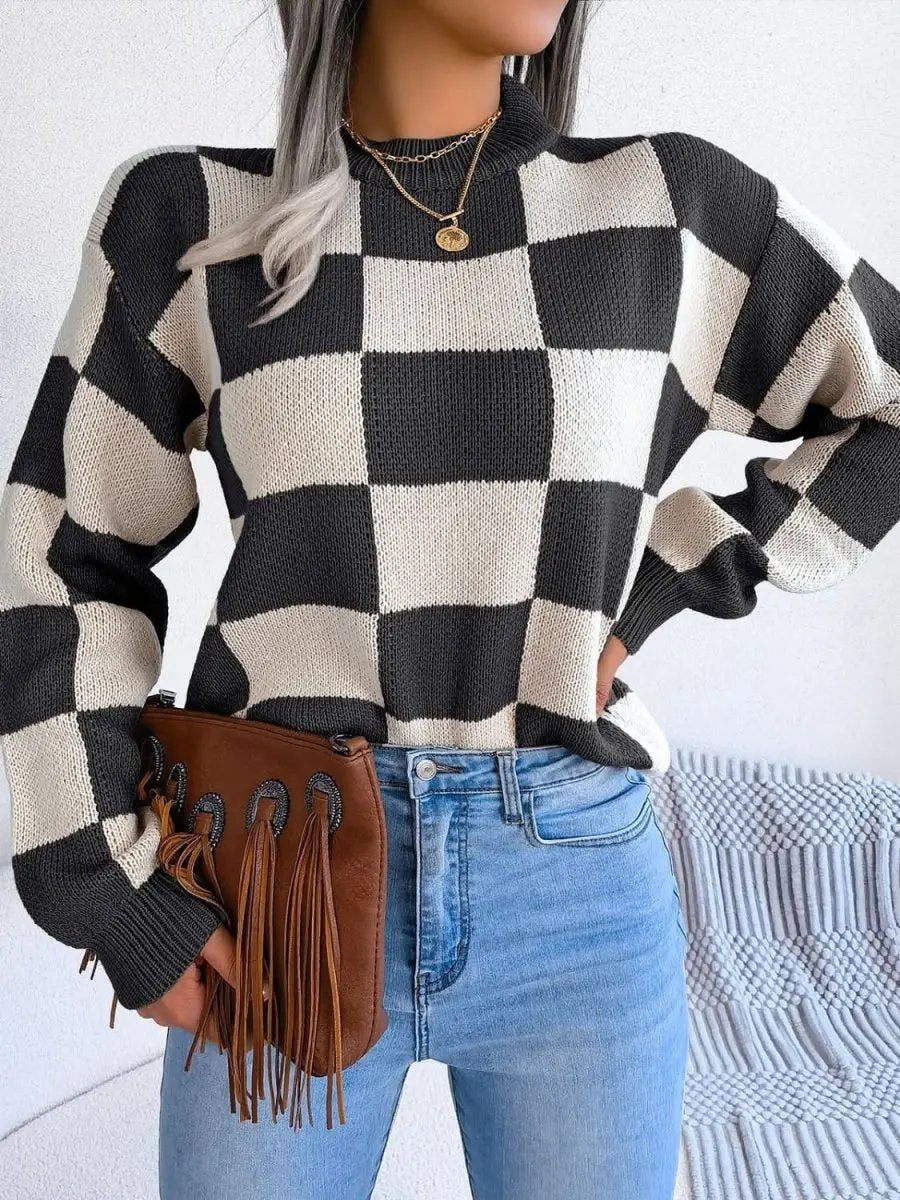 Checkered Mock Neck Long Sleeve Sweater - Love Salve 