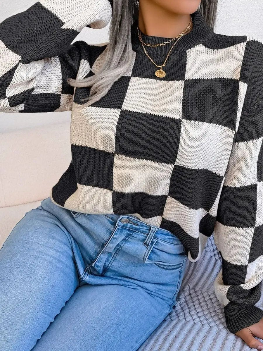 Checkered Mock Neck Long Sleeve Sweater - Love Salve 