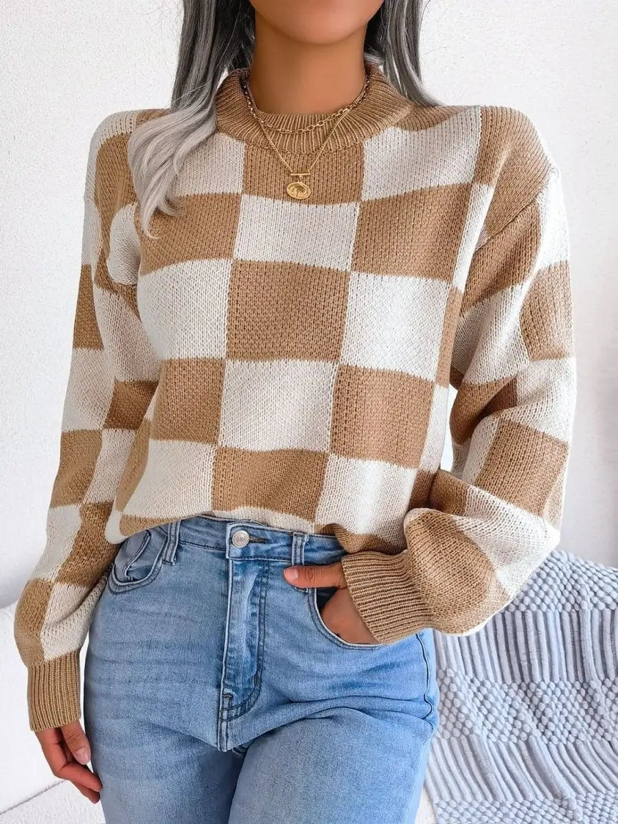 Checkered Mock Neck Long Sleeve Sweater - Love Salve 