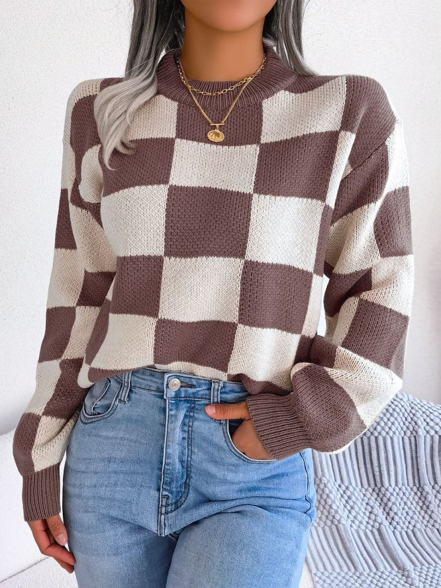 Checkered Mock Neck Long Sleeve Sweater - Love Salve 