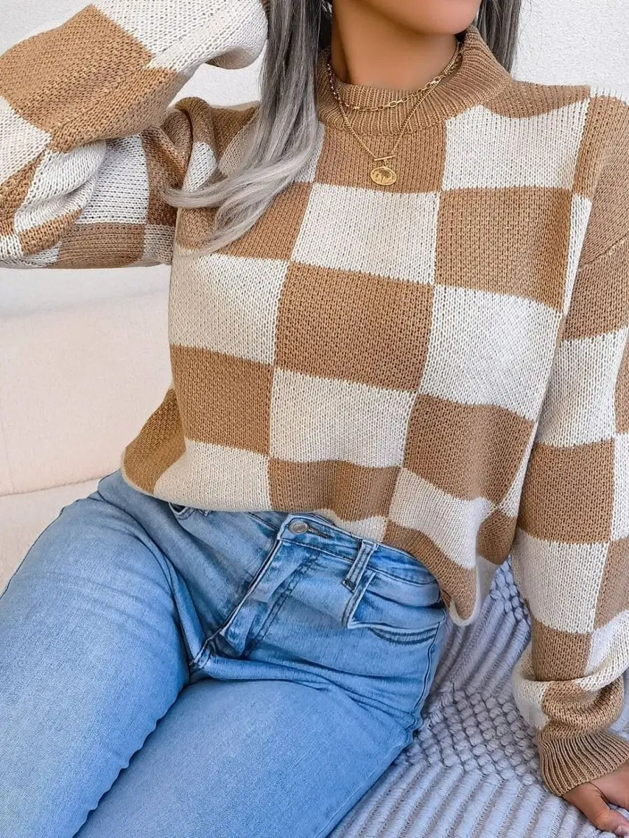 Checkered Mock Neck Long Sleeve Sweater - Love Salve 