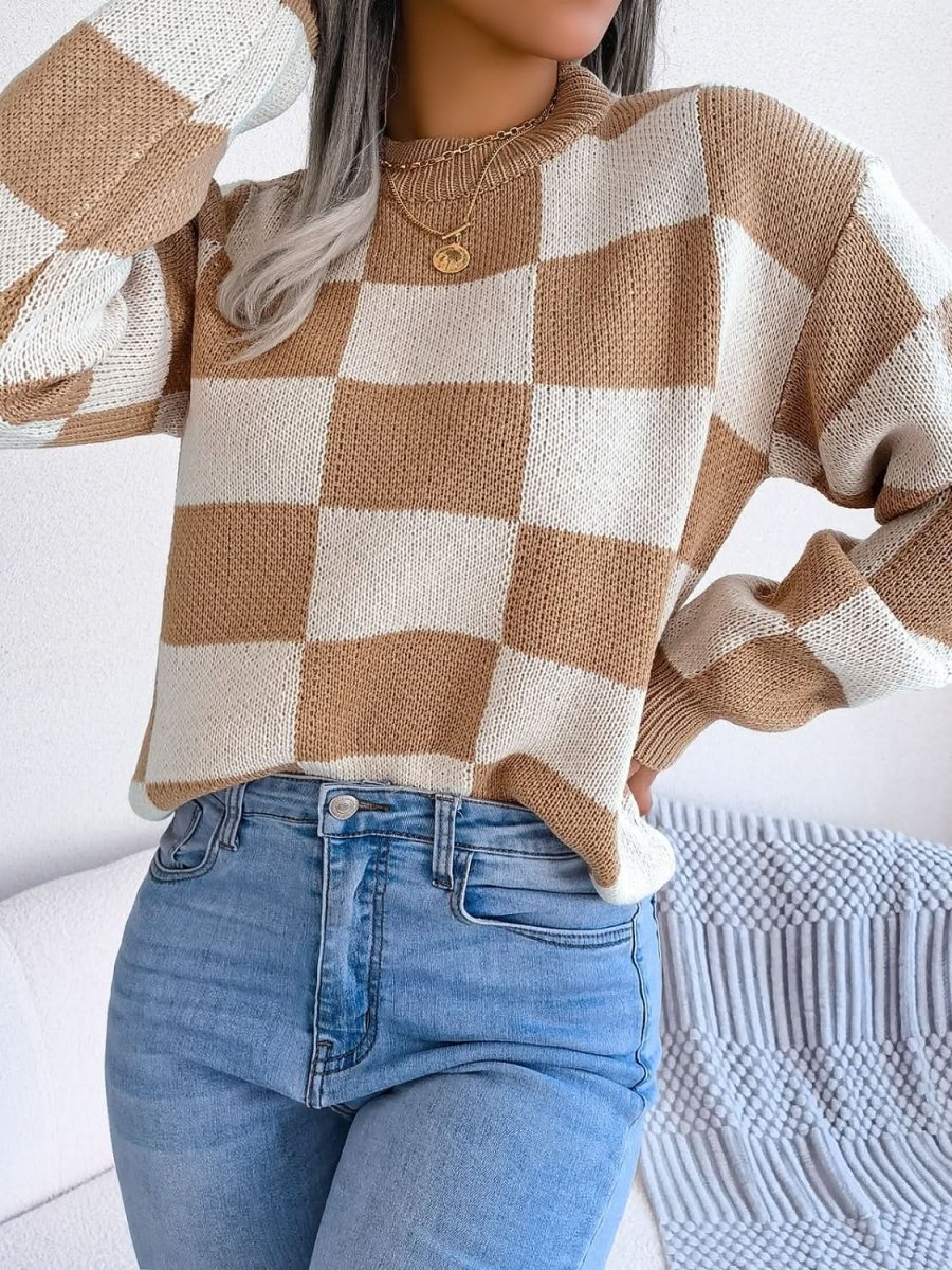 Checkered Mock Neck Long Sleeve Sweater - Love Salve 