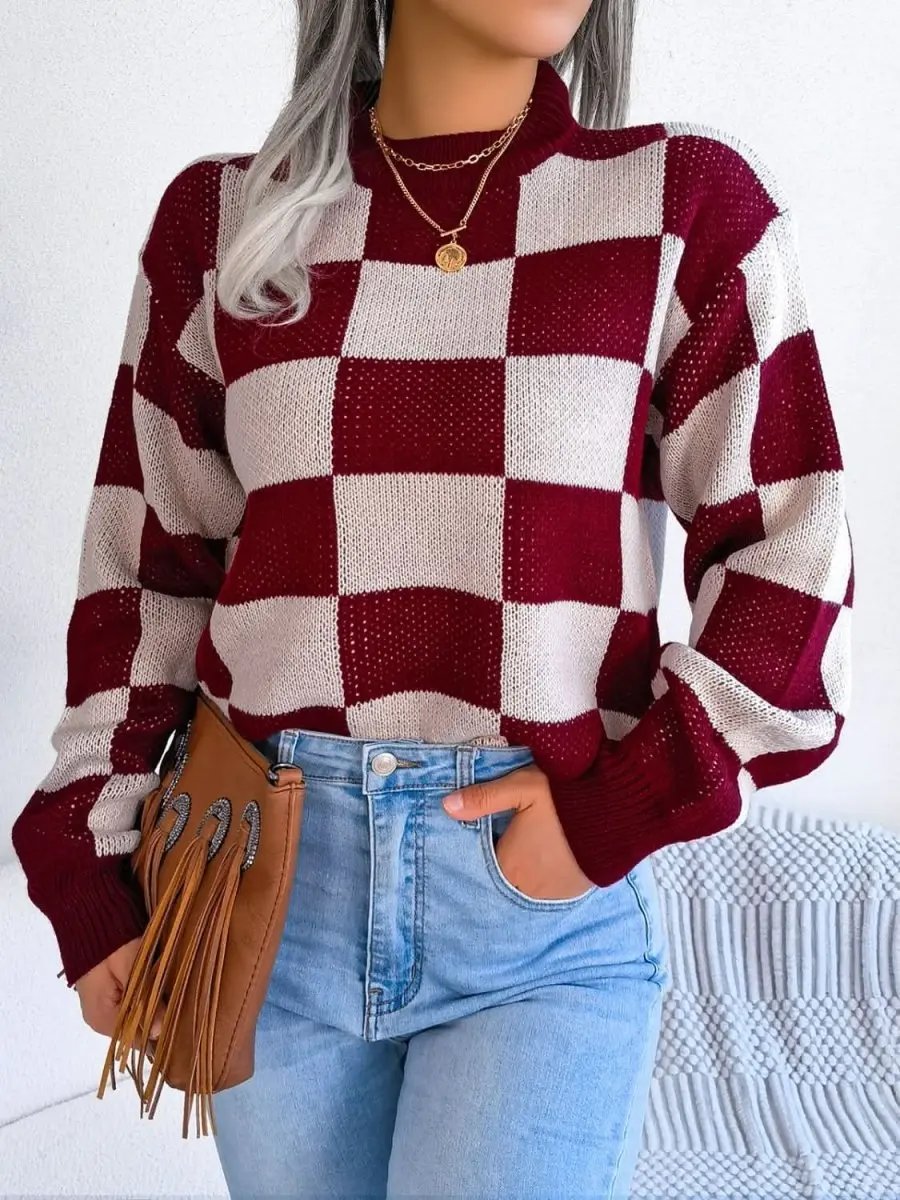 Checkered Mock Neck Long Sleeve Sweater - Love Salve 