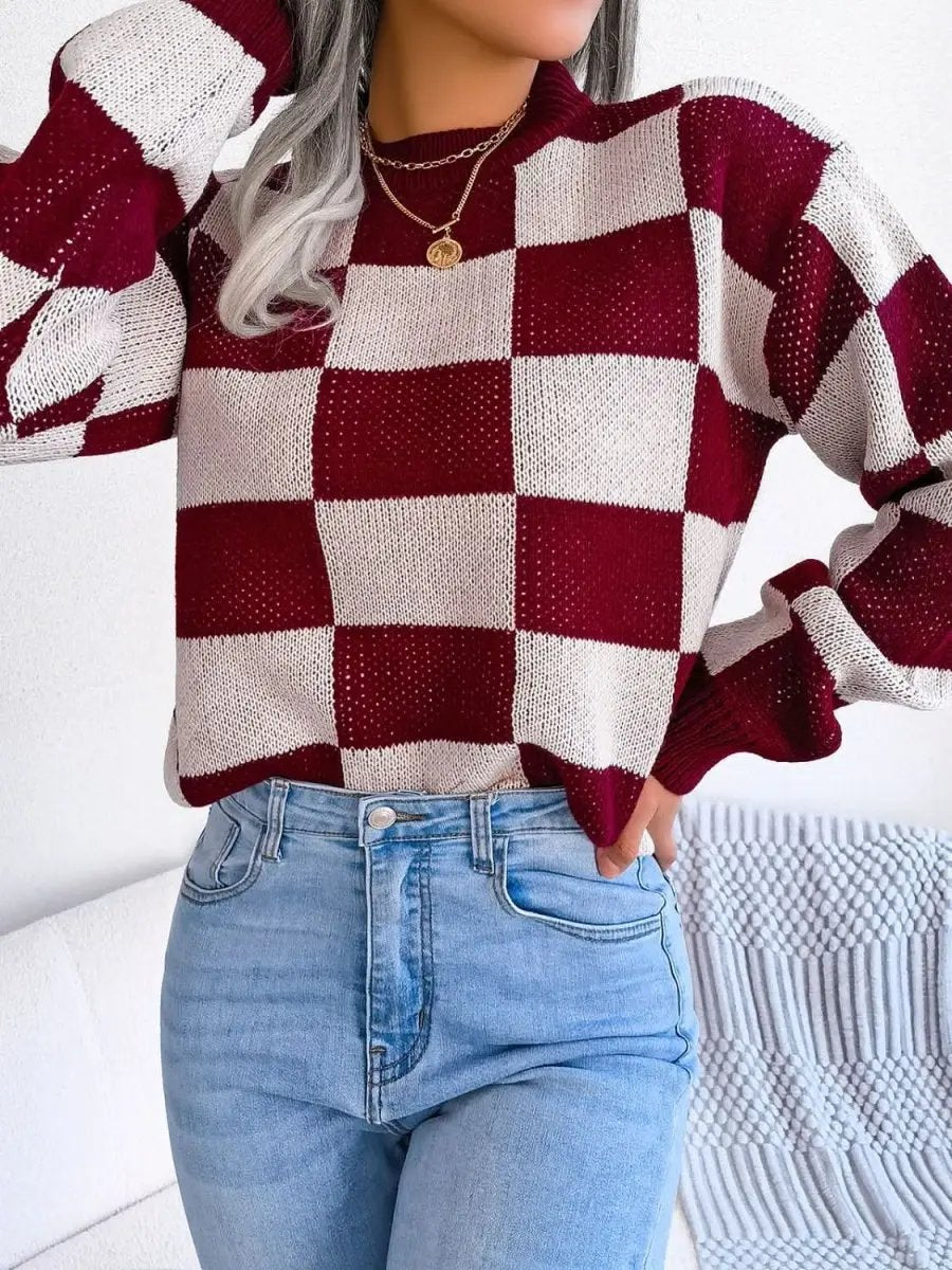 Checkered Mock Neck Long Sleeve Sweater - Love Salve 