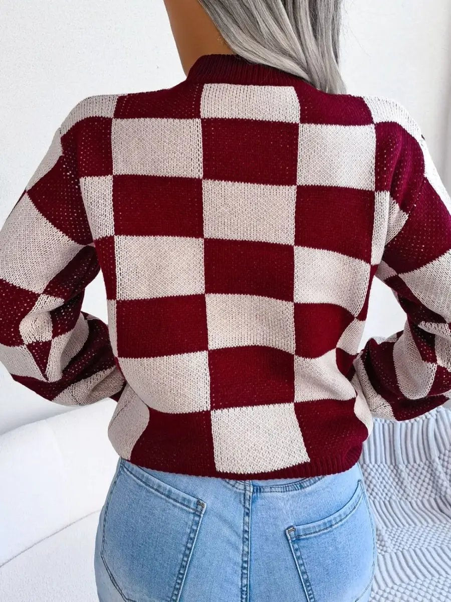 Checkered Mock Neck Long Sleeve Sweater - Love Salve 