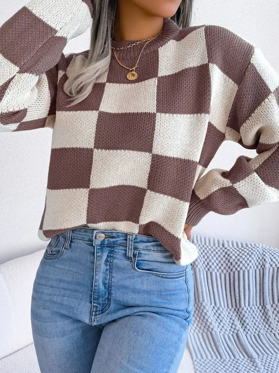 Checkered Mock Neck Long Sleeve Sweater - Love Salve 