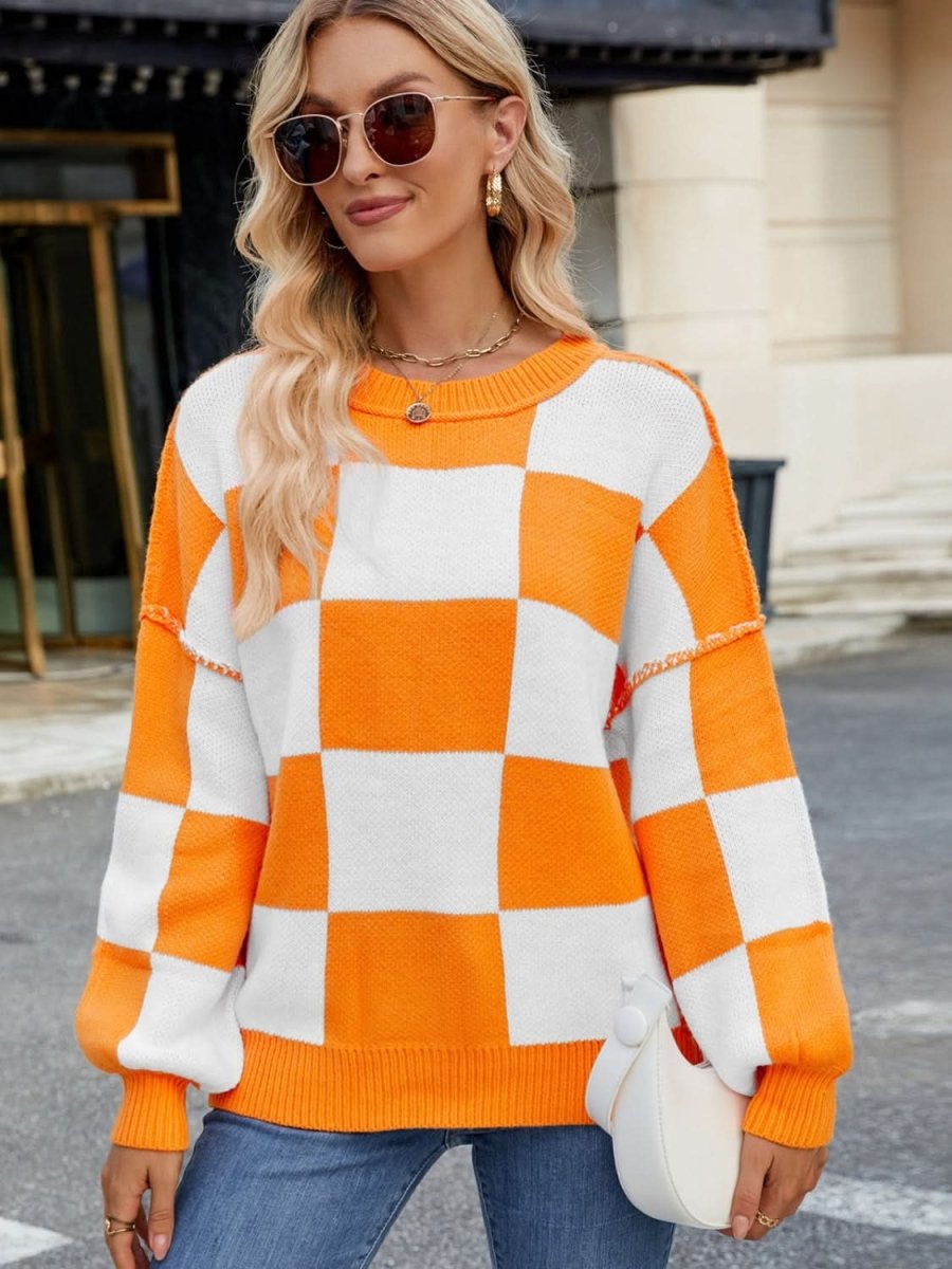 Checkered Round Neck Long Sleeve Sweater - Love Salve 