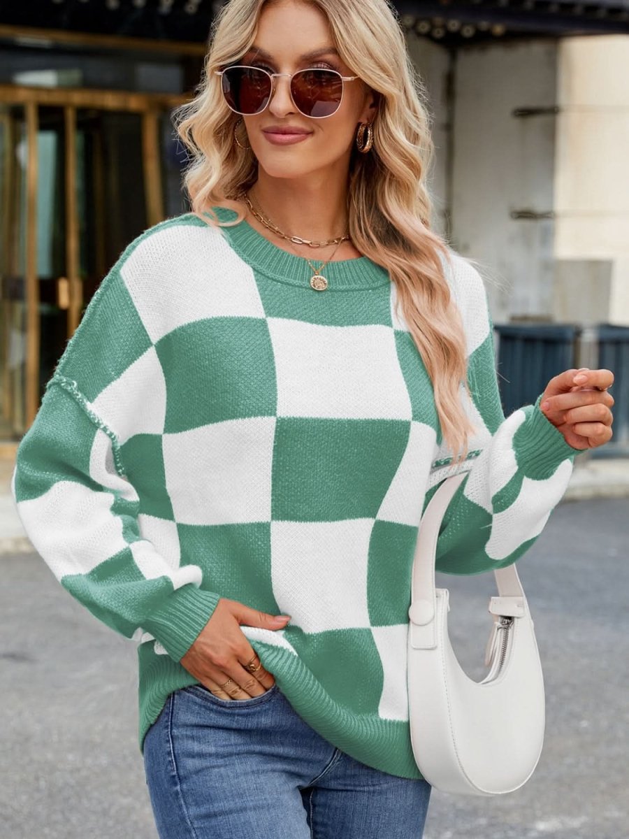Checkered Round Neck Long Sleeve Sweater - Love Salve 