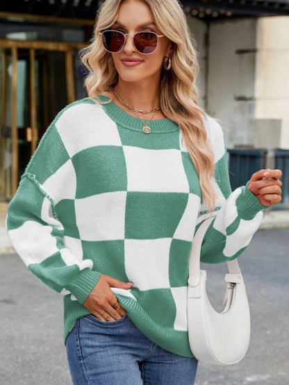 Checkered Round Neck Long Sleeve Sweater - Love Salve 