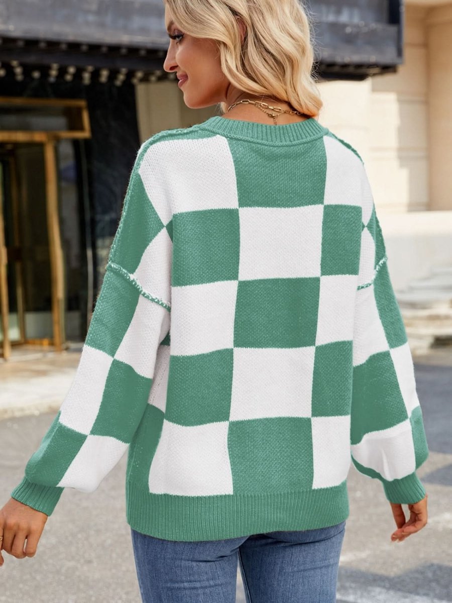 Checkered Round Neck Long Sleeve Sweater - Love Salve 