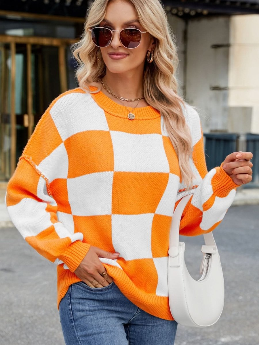 Checkered Round Neck Long Sleeve Sweater - Love Salve 