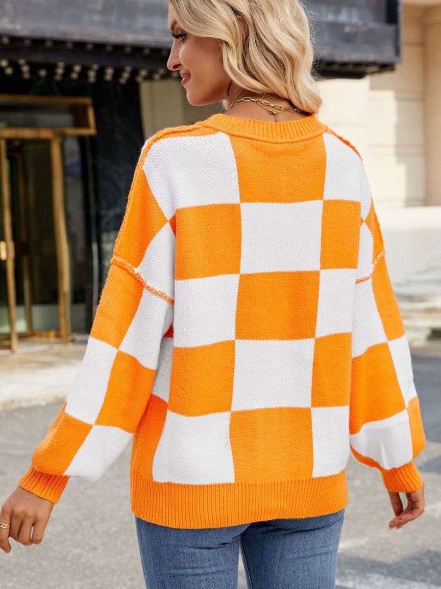 Checkered Round Neck Long Sleeve Sweater - Love Salve 