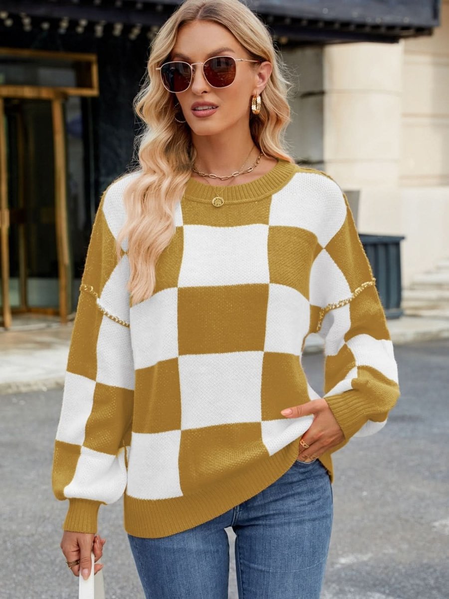Checkered Round Neck Long Sleeve Sweater - Love Salve 