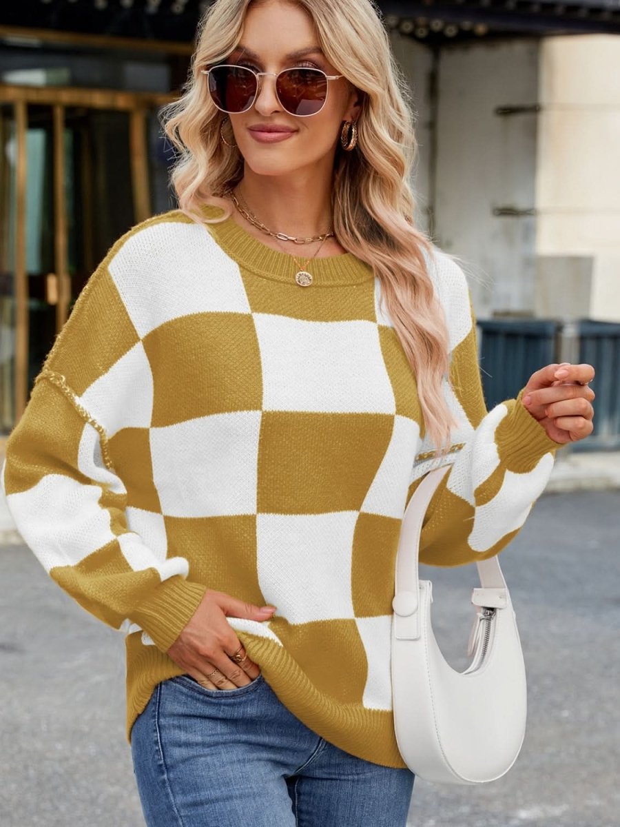 Checkered Round Neck Long Sleeve Sweater - Love Salve 