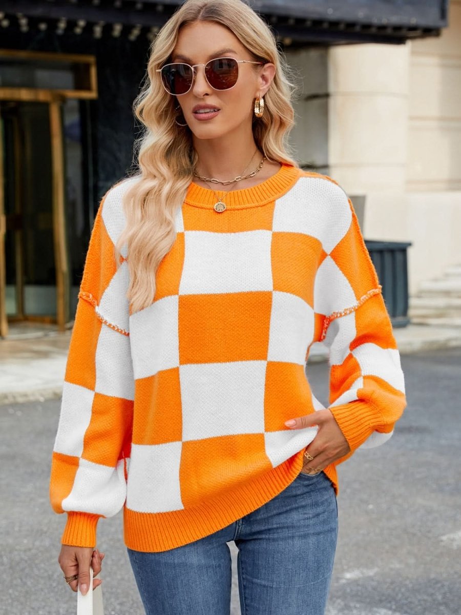 Checkered Round Neck Long Sleeve Sweater - Love Salve 