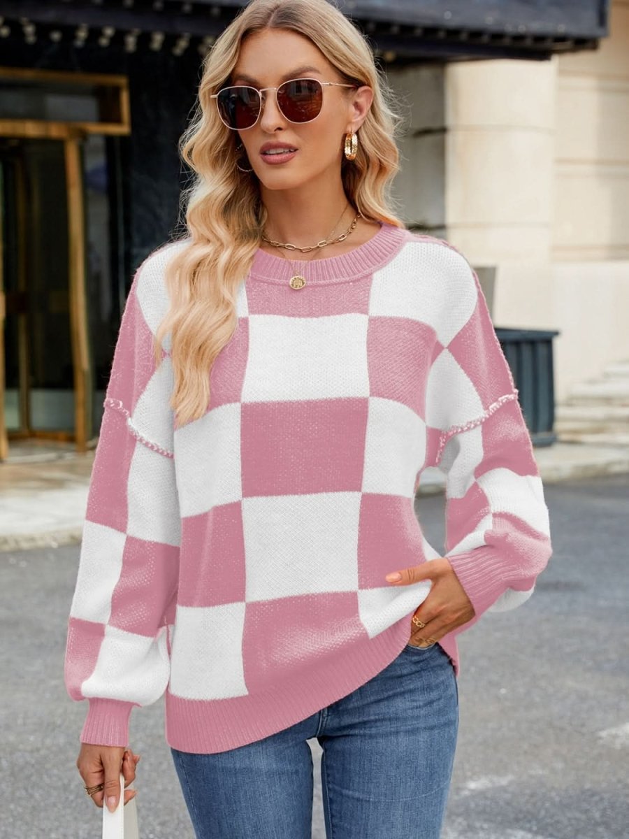 Checkered Round Neck Long Sleeve Sweater - Love Salve 