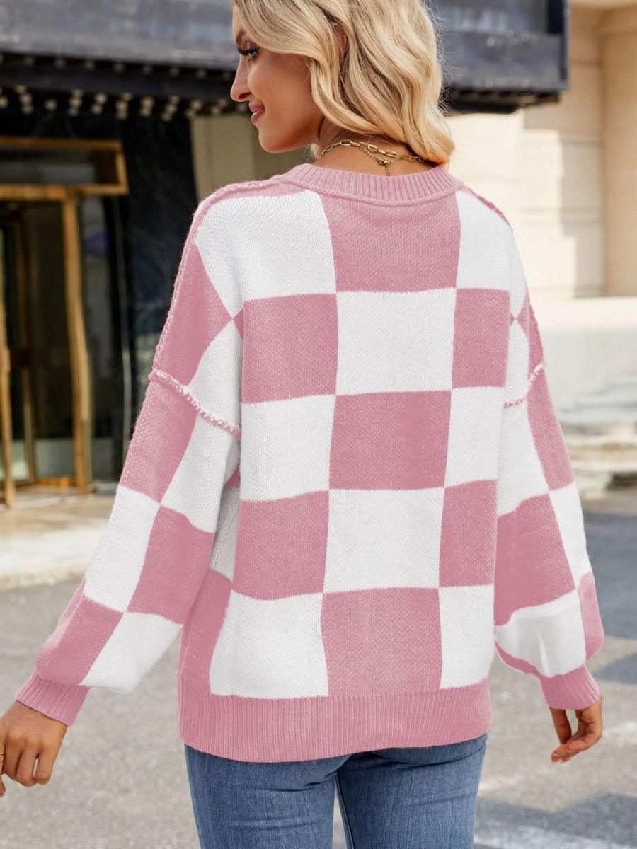 Checkered Round Neck Long Sleeve Sweater - Love Salve 