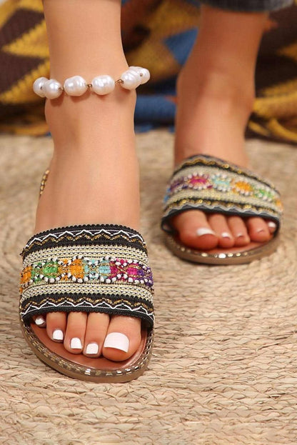 Chestnut Bohemian Pattern Crochet Faux Leather Beach Slippers - Love Salve