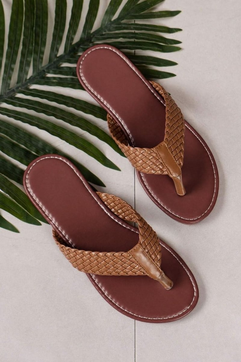 Chestnut Braided Strap PU Leather Flip Flop - Love Salve 