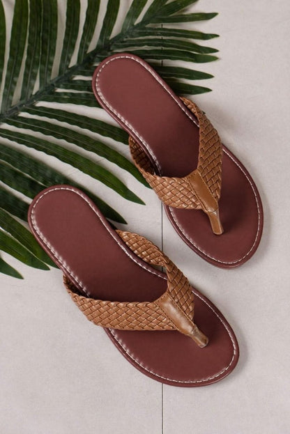 Chestnut Braided Strap PU Leather Flip Flop - Love Salve