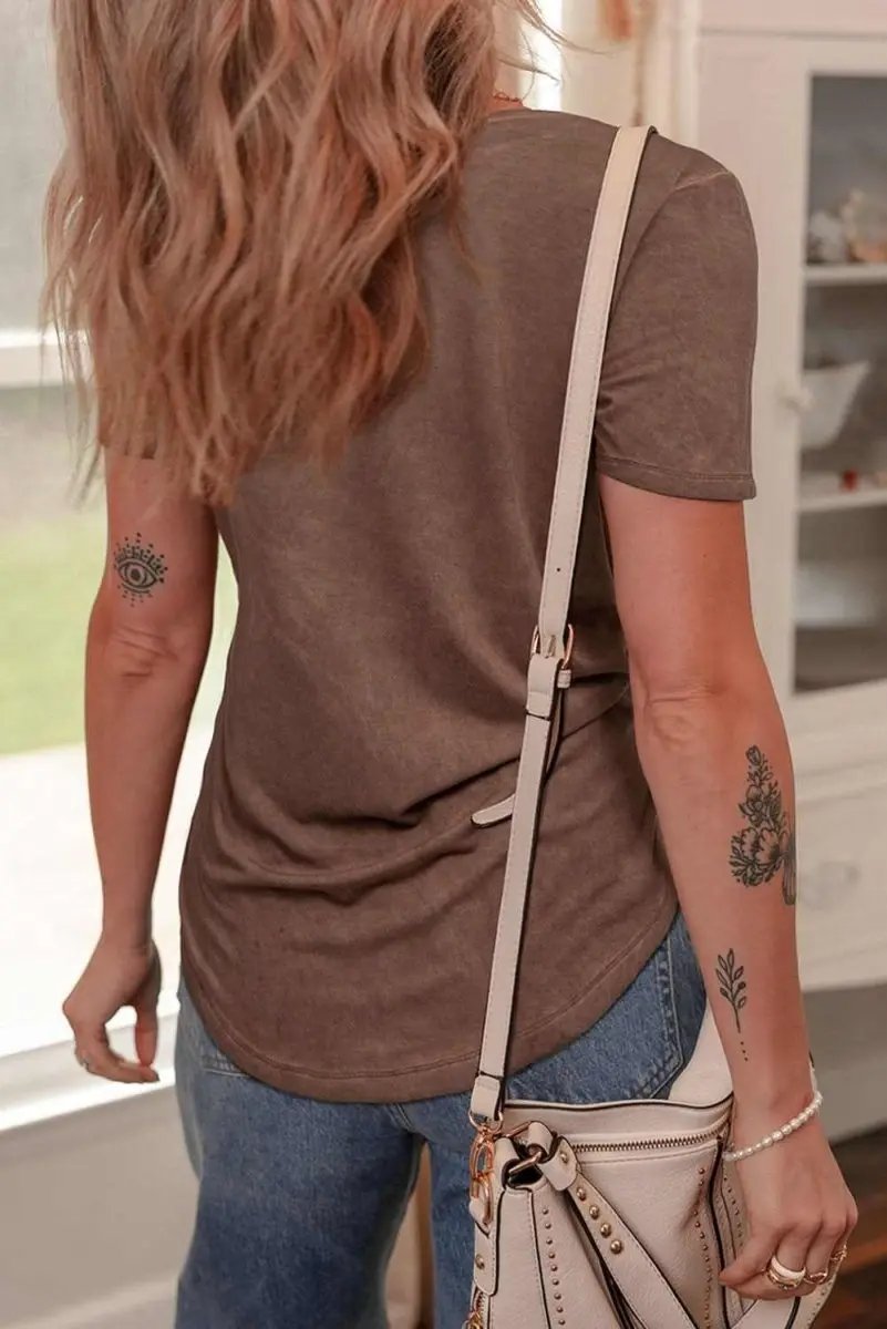 Chestnut Criss Cross V Neck Casual Tee with Unique Mineral Wash - Love Salve 