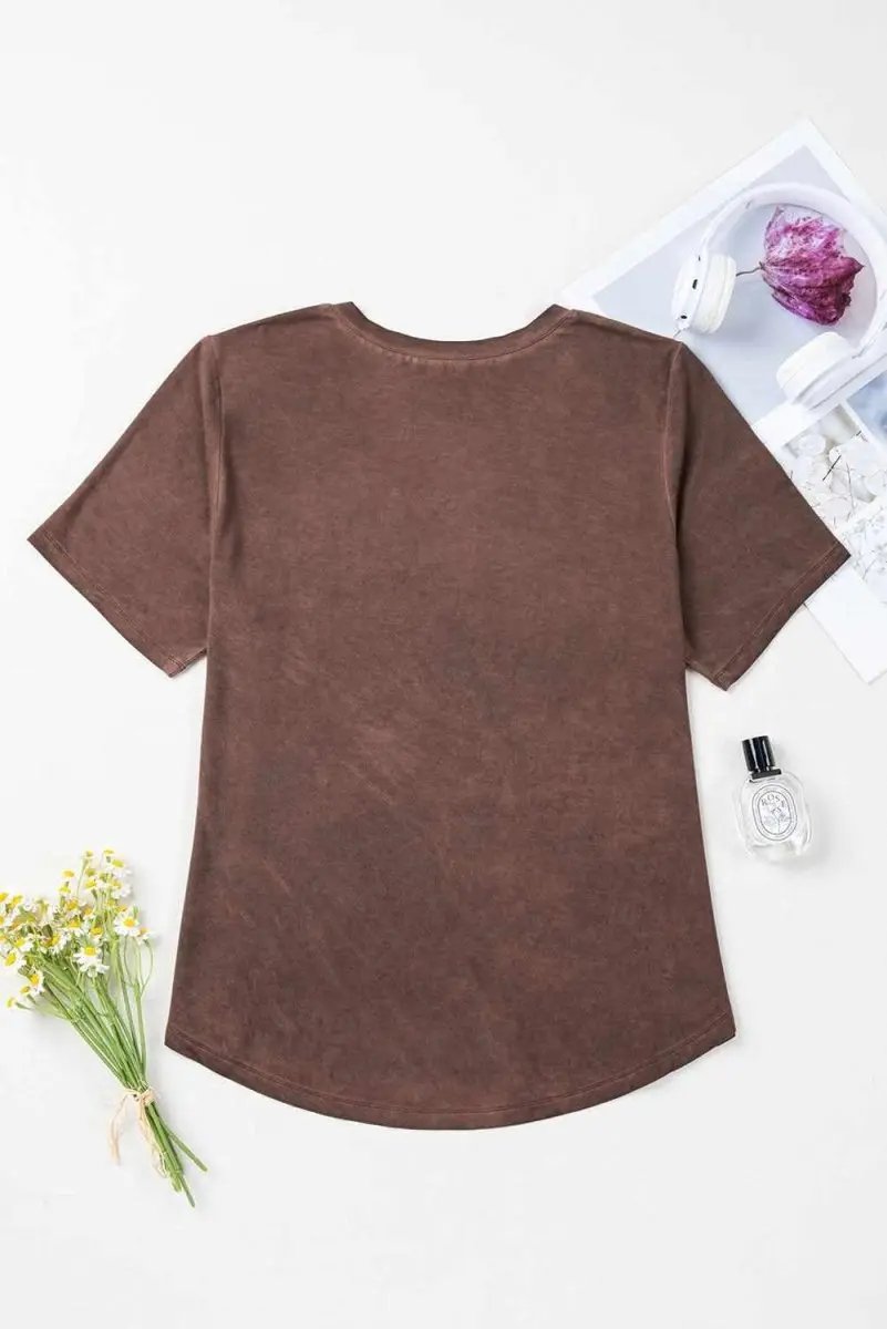 Chestnut Criss Cross V Neck Casual Tee with Unique Mineral Wash - Love Salve 