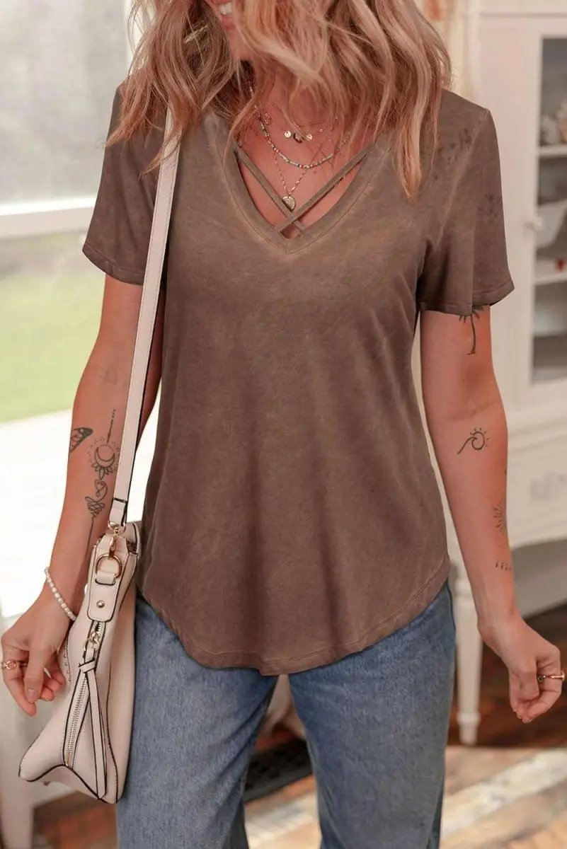 Chestnut Criss Cross V Neck Casual Tee with Unique Mineral Wash - Love Salve 