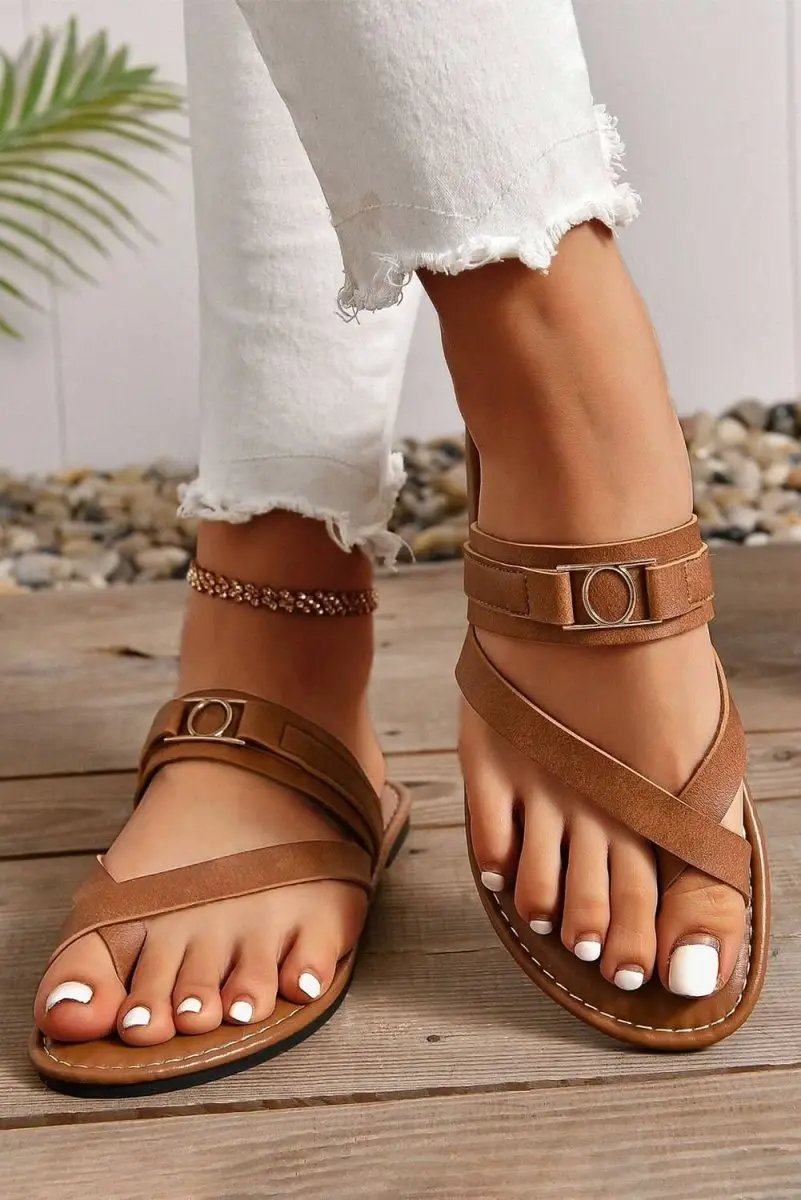 Chestnut Cross Toe Metal Buckle Leathered Flat Slippers - Love Salve 