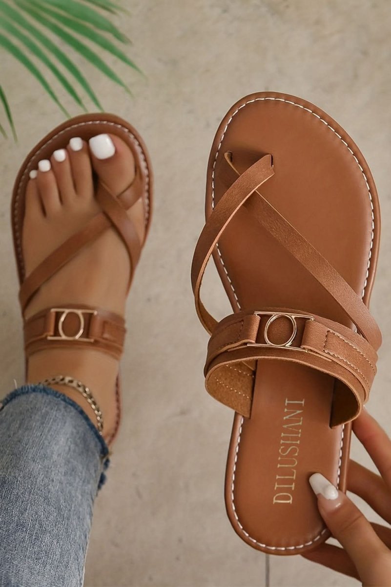 Chestnut Cross Toe Metal Buckle Leathered Flat Slippers - Love Salve