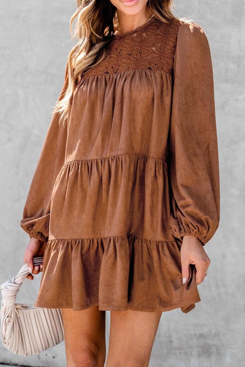 Chestnut Floral Lace Crochet Tiered Ruffled Mini Dress - Love Salve 