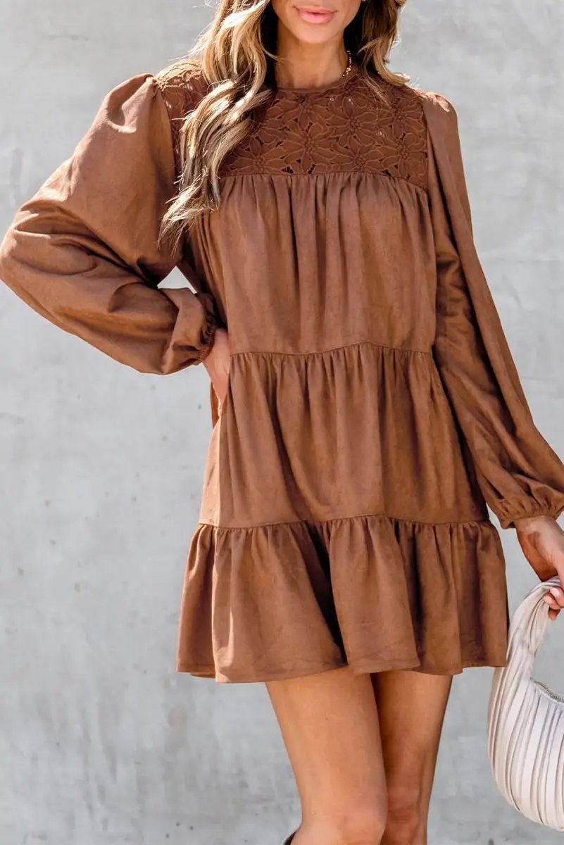 Chestnut Floral Lace Crochet Tiered Ruffled Mini Dress - Love Salve 